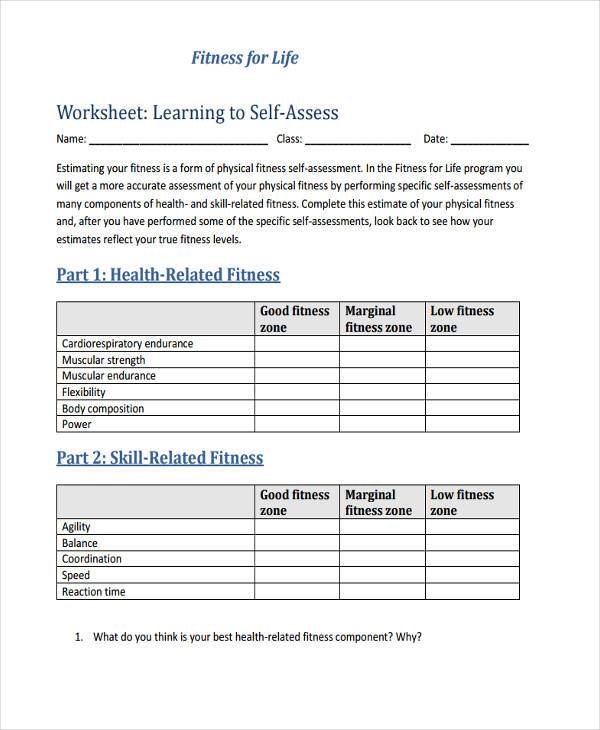fitness self assessment worksheet