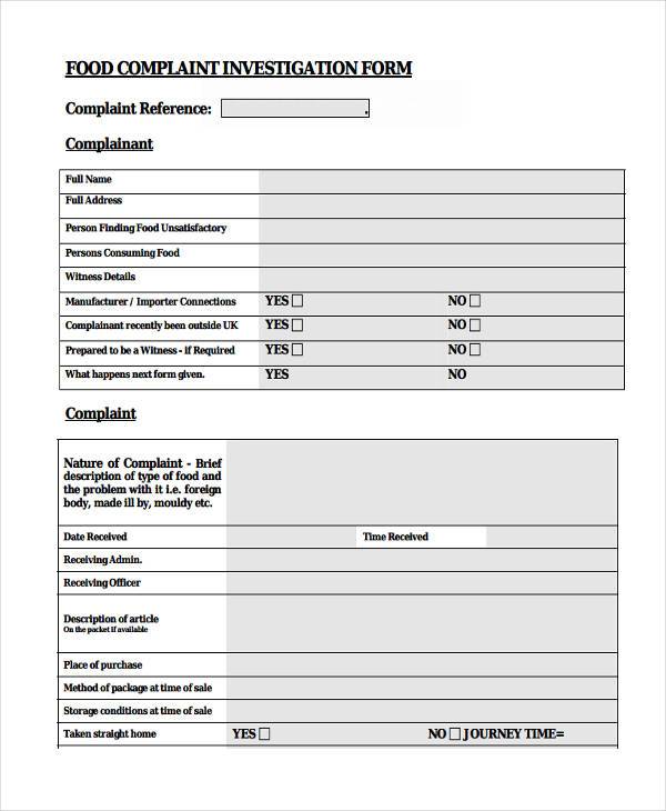 food complaint investigation form