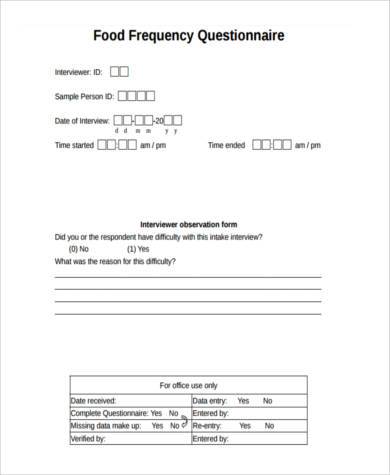 food frequency questionnaire form example