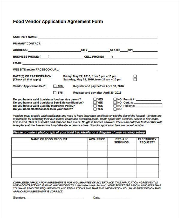 food vendor agreement form sample