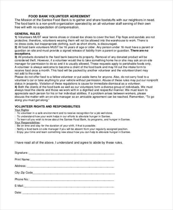 food volunteer agreement form
