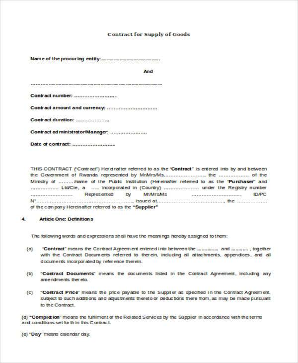 form of contract for supply of goods