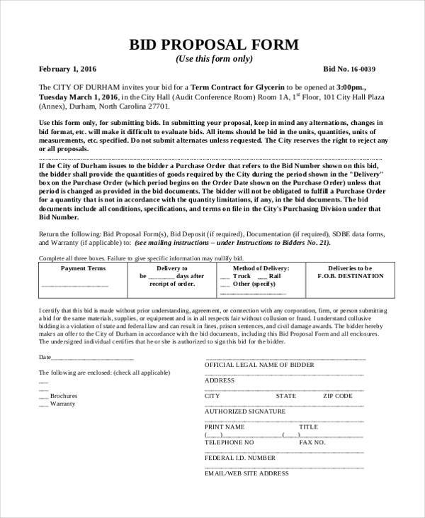 formal bid proposal form