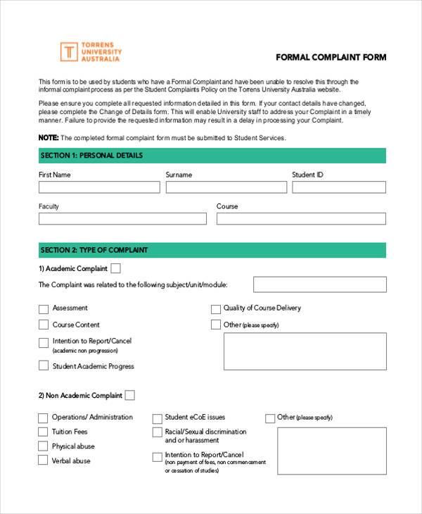formal complaint form example