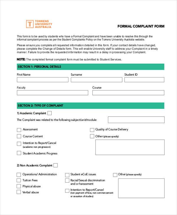 formal complaint form in pdf