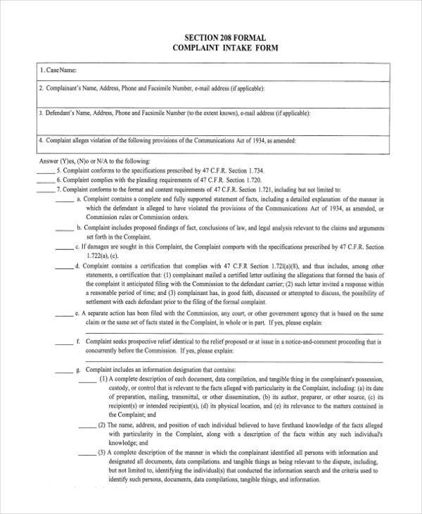 formal complaint verification form