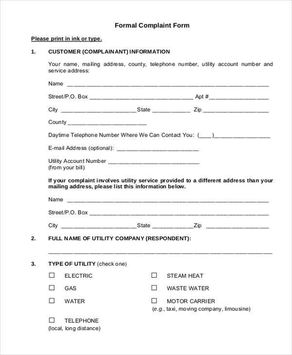 formal general complaint form