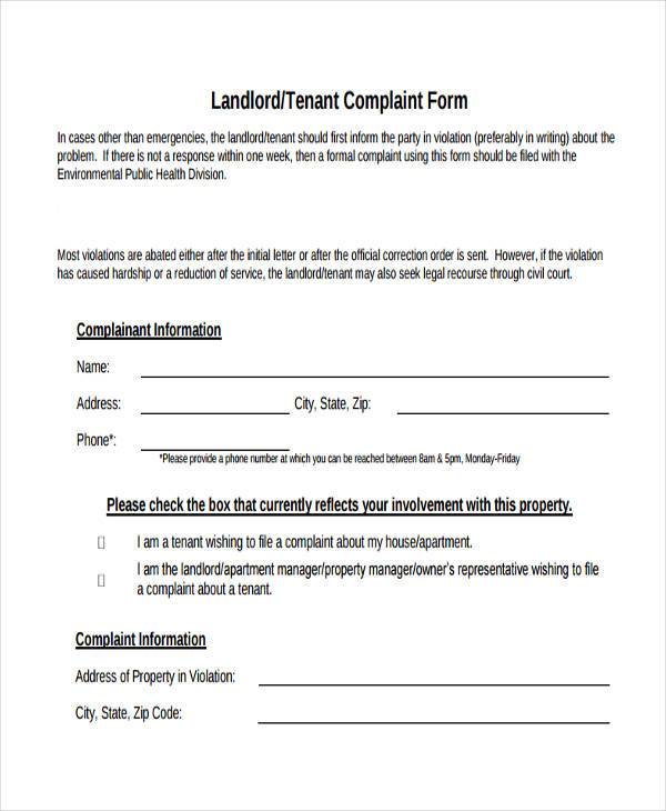 FREE 7+ Sample Landlord Complaint Forms in PDF MS Word