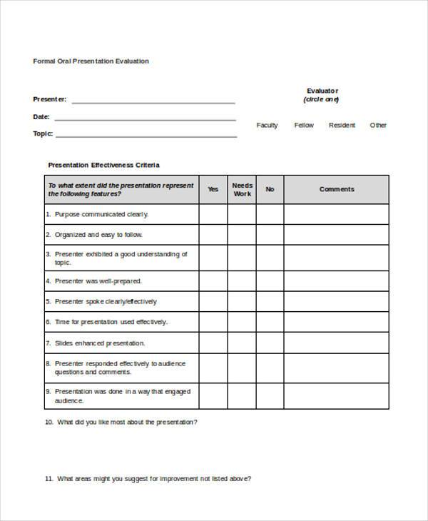 formal oral presentation evaluation form example
