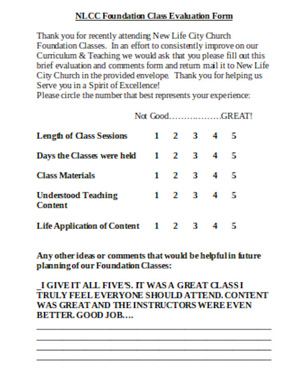 foundation class evaluation form