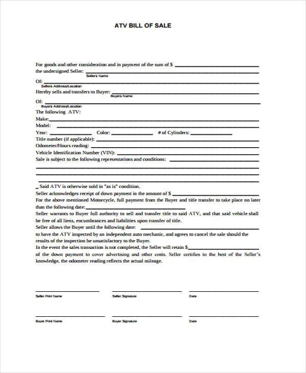 free atv bill of sale form