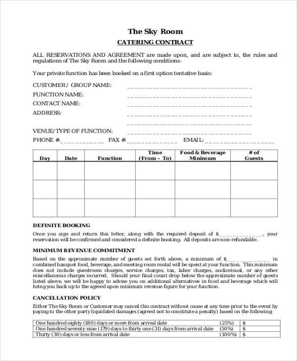 catering contract form for Sample, Contract Example 7 Catering in FREE  Form Samples