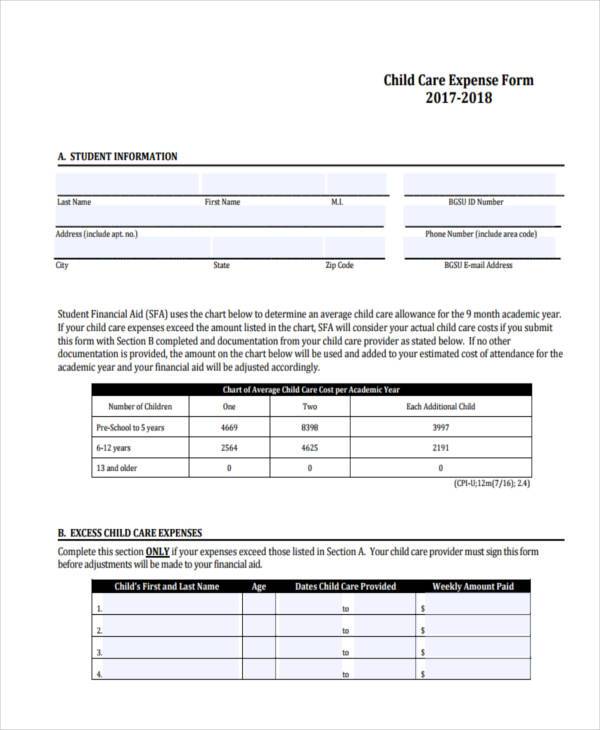 free child care expense form