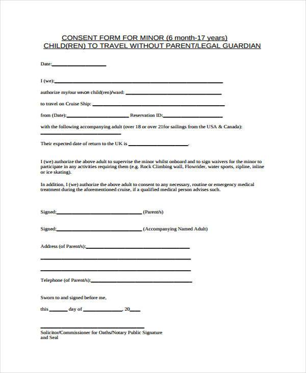 Free Printable Travel Consent Form Printable Forms Free Online 0612