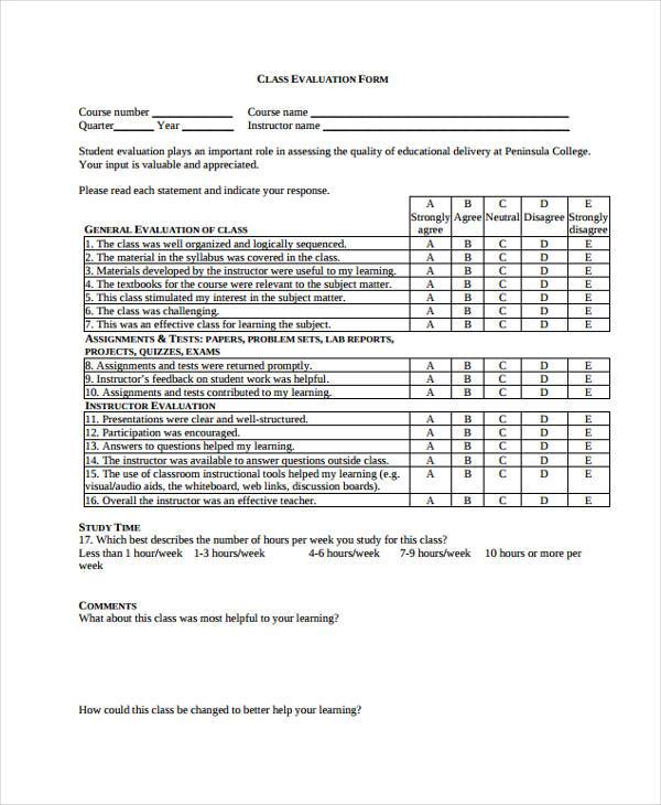 free class evaluation form