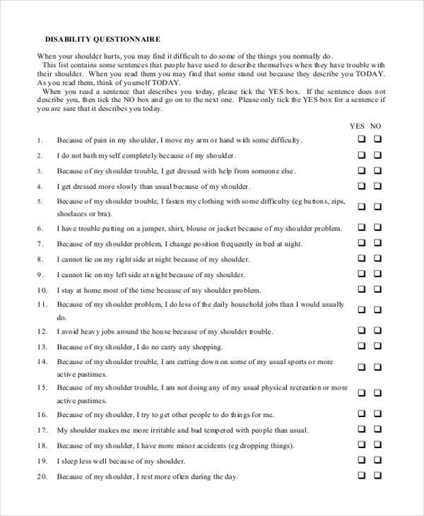 free disability questionnaire form