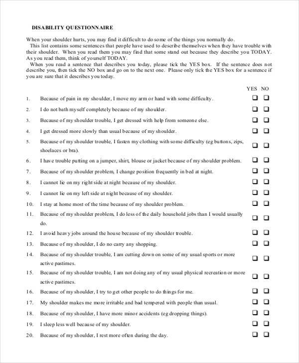 Free 8 Sample Disability Questionnaire Forms In Pdf Ms Word 6563