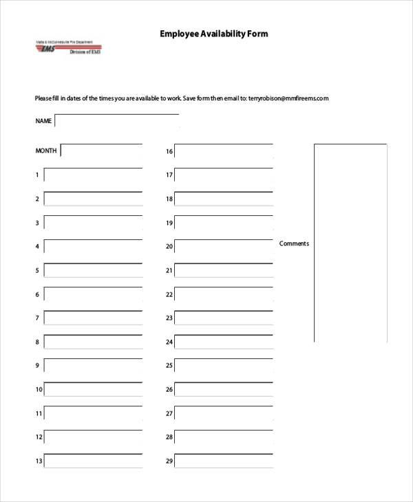 FREE 9 Sample Employee Availability Forms In PDF MS Word