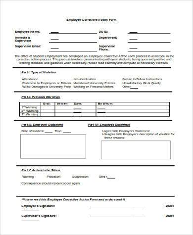 free employee corrective action form