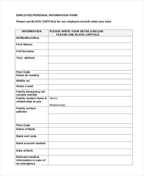 FREE 7 Sample Employee Personal Information Forms