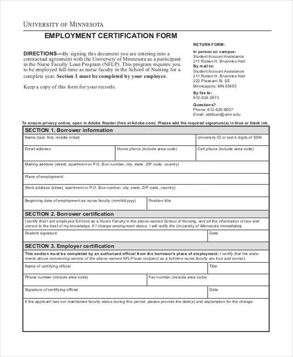 free employment certification form