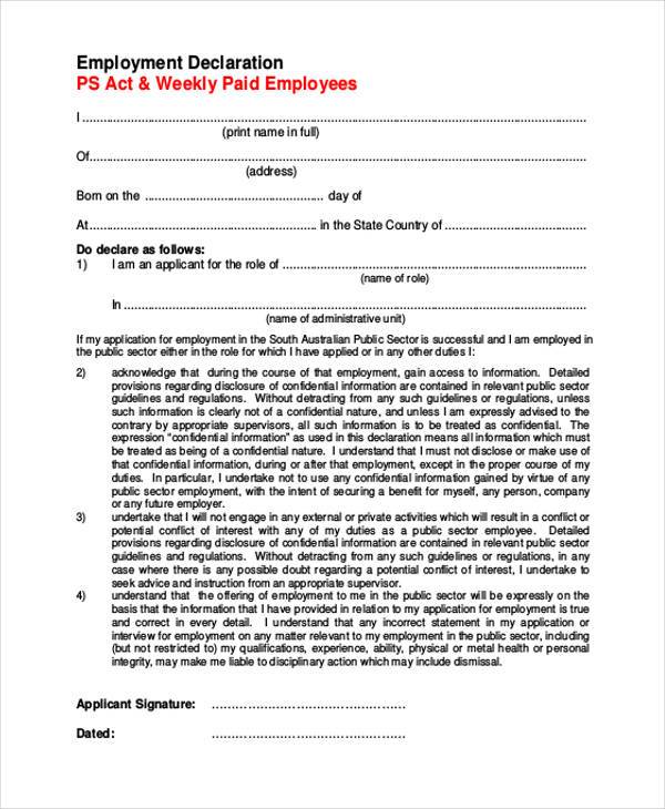 free employment declaration form 