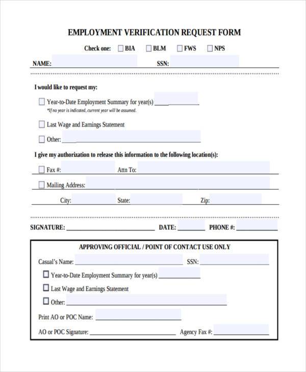 Printable Employment Verification Request Form Printable Forms Free 0163