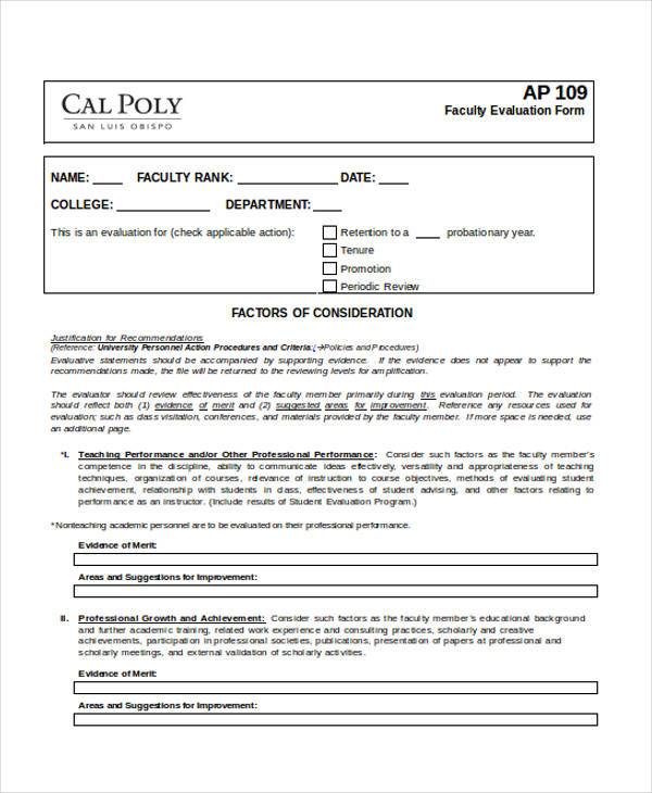 free faculty evaluation form