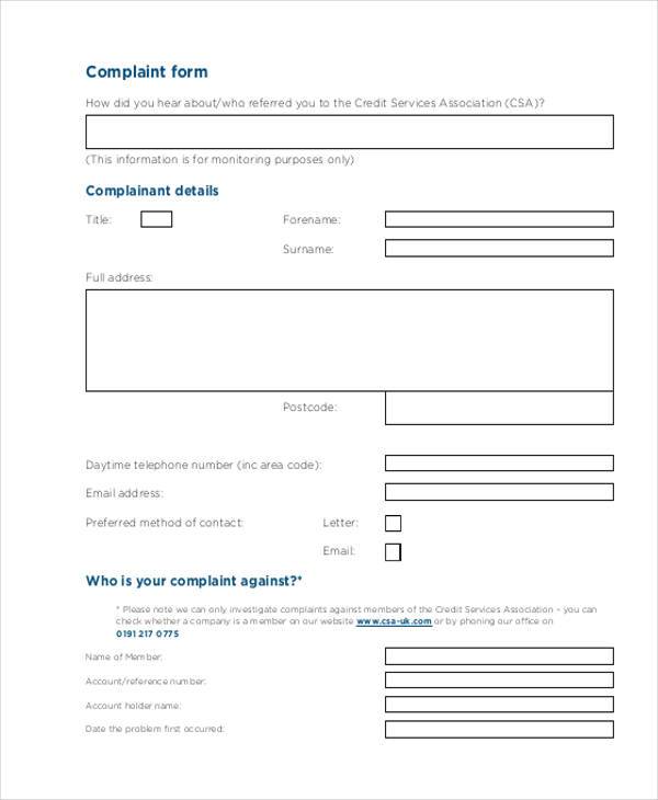 free generic complaint form