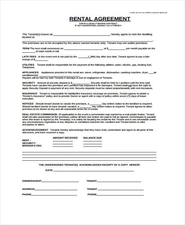 free generic rental agreement form example