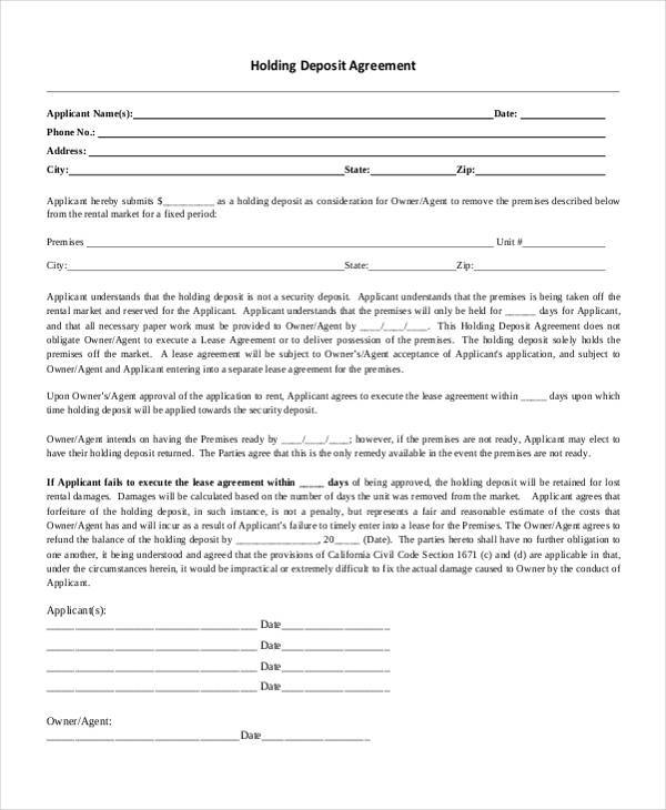 free holding deposit agreement form
