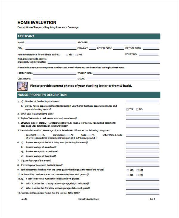free home evaluation form