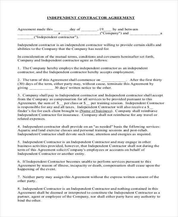 free independent contractor agreement form sample