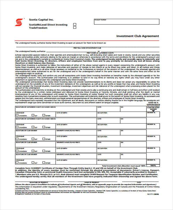 free investment club agreement form