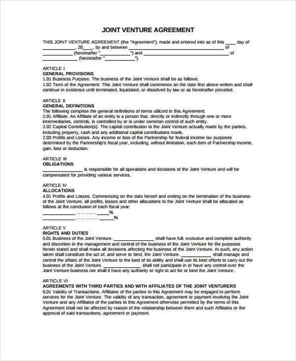 free joint venture agreement form