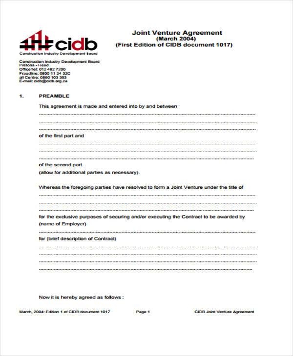 free joint venture agreement form1