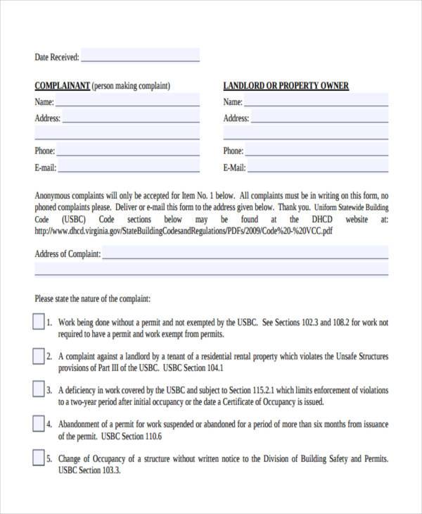 free landlord complaint form
