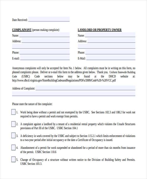 FREE 7+ Sample Landlord Complaint Forms in PDF | MS Word