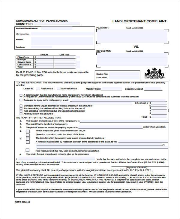 FREE 8 Sample Tenant Complaint Forms In PDF MS Word
