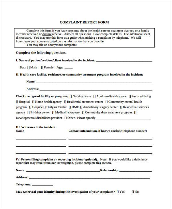 free medical complaint form