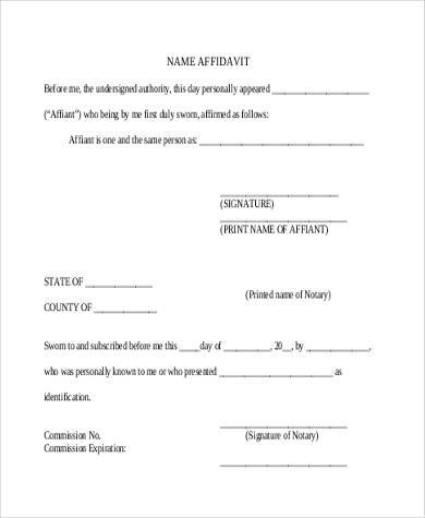 free name affidavit form sample