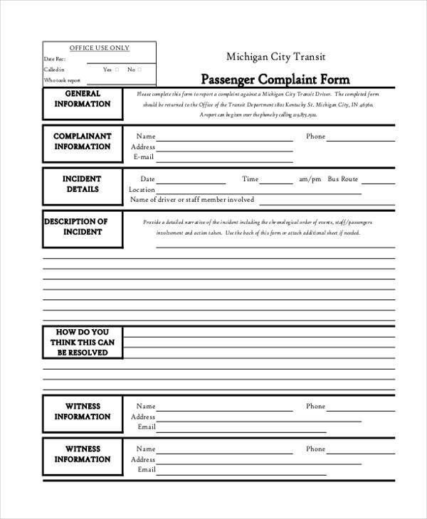 free passenger complaint form