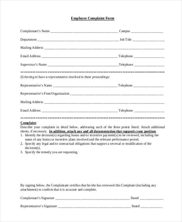free personalized employee complaint form