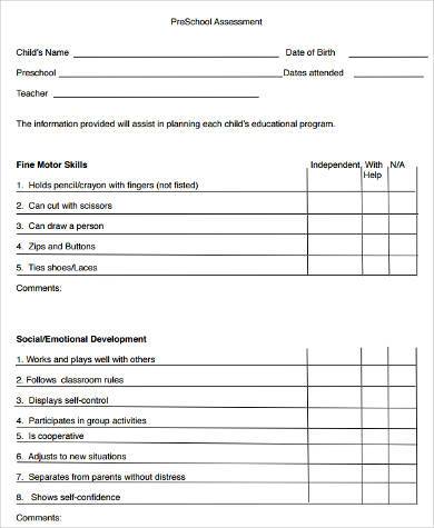 Free Preschool Assessment Template - FREE PRINTABLE TEMPLATES