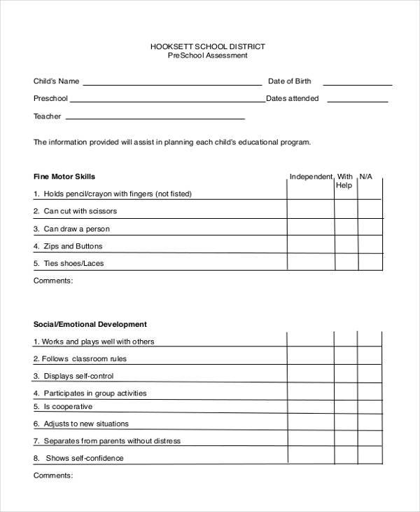 free preschool child assessment form