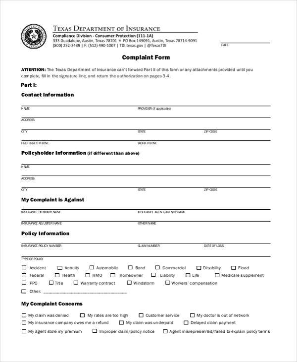 free printable complaint form