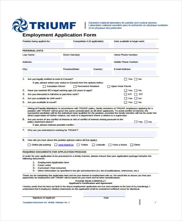 free printable employment application form