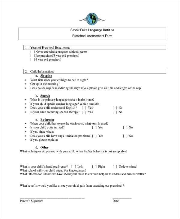 free printable preschool assessment form