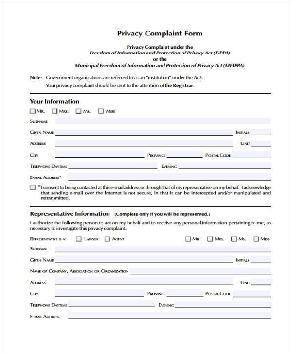 free privacy complaint form