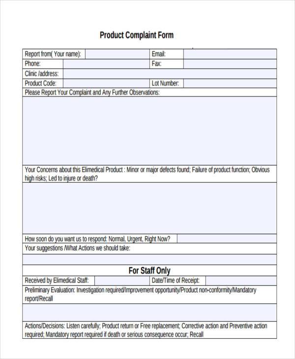 free product complaint form